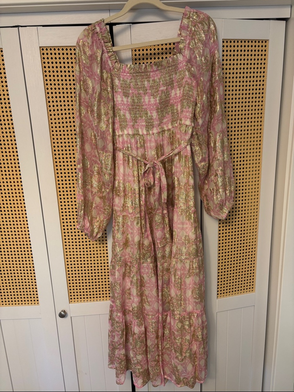 Pink and Gold Smocked Maxi Dress with Tie Waist